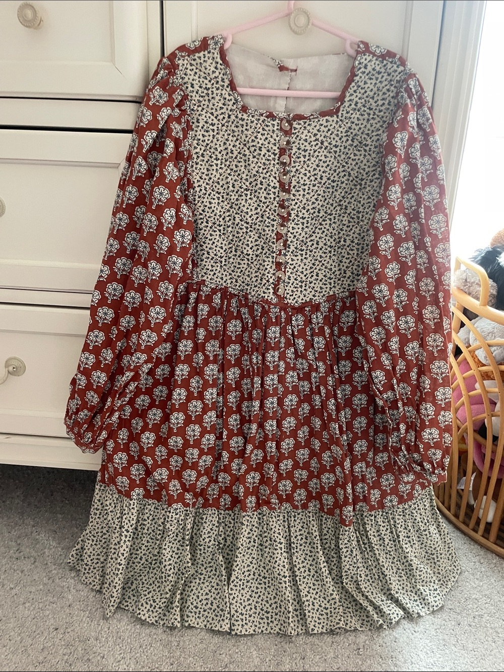 Little Cotton Clothes Girls Rust Floral Tiered Button-Front Dress with pockets